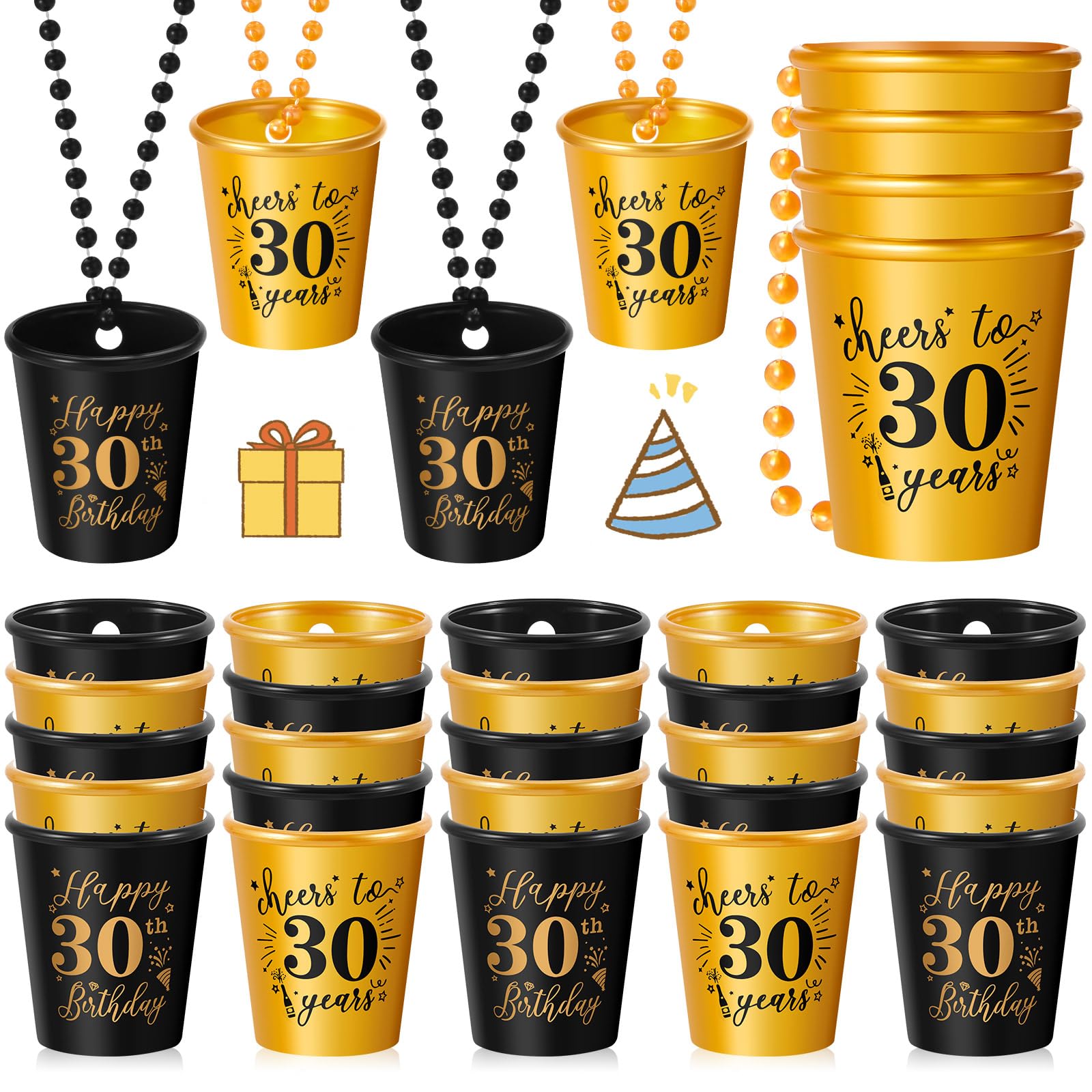 Photo 1 of ***UNKNOWN MISSING PIECES*** Sureio 24 Pcs 30th Birthday Party Favors Shot Glass Necklaces Cups Bulk for Women Men Guests, Plastic Gold and Black Shot Necklace Cups for Birthday Anniversary Supplies