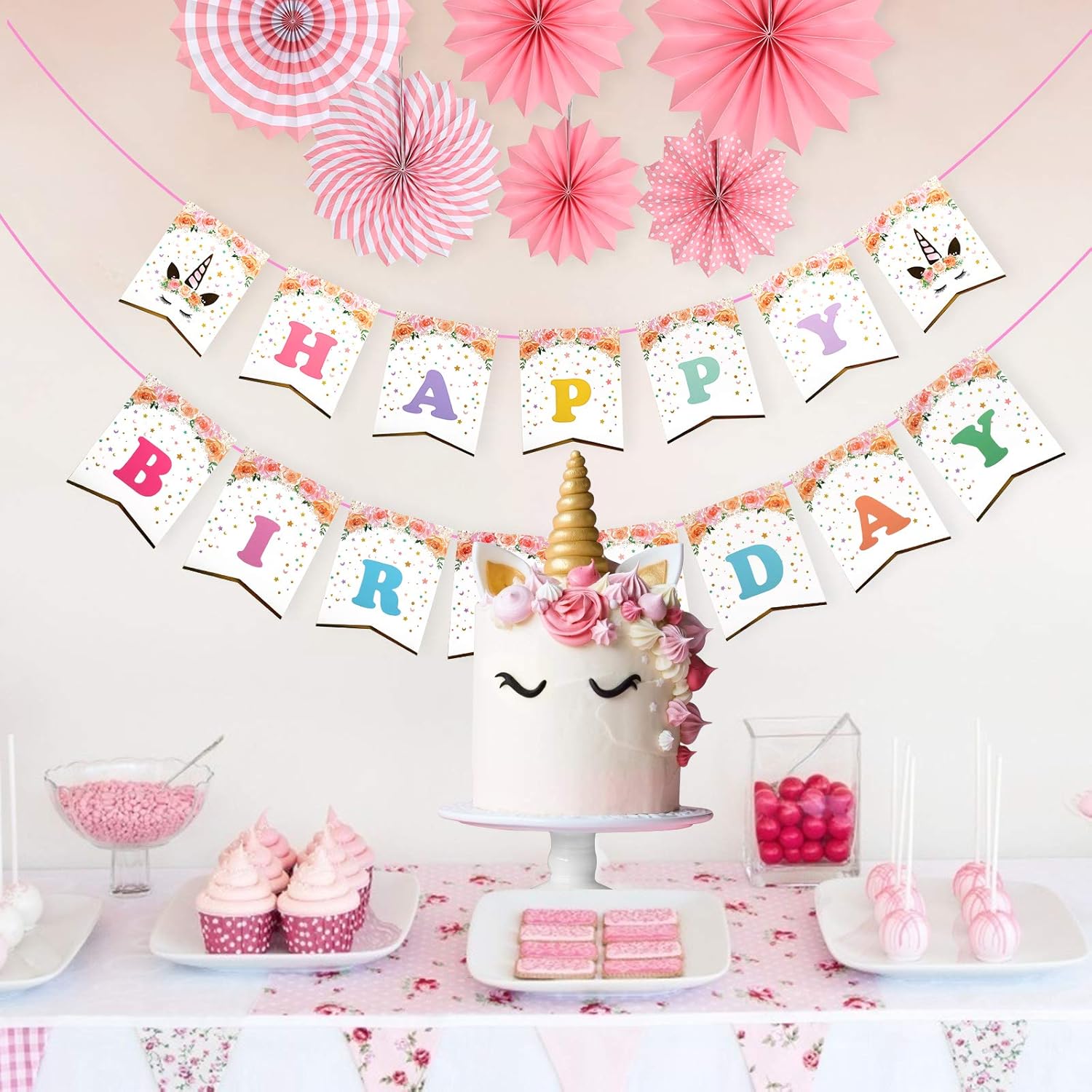 Zoomsky Decoration Anniversaire Licorne Banniere Banderole Happy Birthday Avec 6 Pcs Eventail Papier Rose Joyeux Anniversaire Fournitures De Fete Enfants Adulte Filles Garcon Bebe Baby Shower Decorations Et Accessoires De Fetes Cuisine