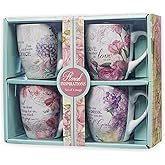 Christian Art Gifts Ceramic Coffee/Tea Mug Set for Women | Vintage Botanic Floral Inspirations Design Bible Verse Mug Set | Boxed Set/4 Coffee Cups