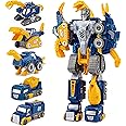 Toddler Construction Car Transform Set, 5pcs Dinosaur Rescue Robot with Magnetic Connectors, Assemble Building Trucks DIY STEM Toy, Holiday Birthday Present for Kids Boy Girl 3 4 5 6 7 Year