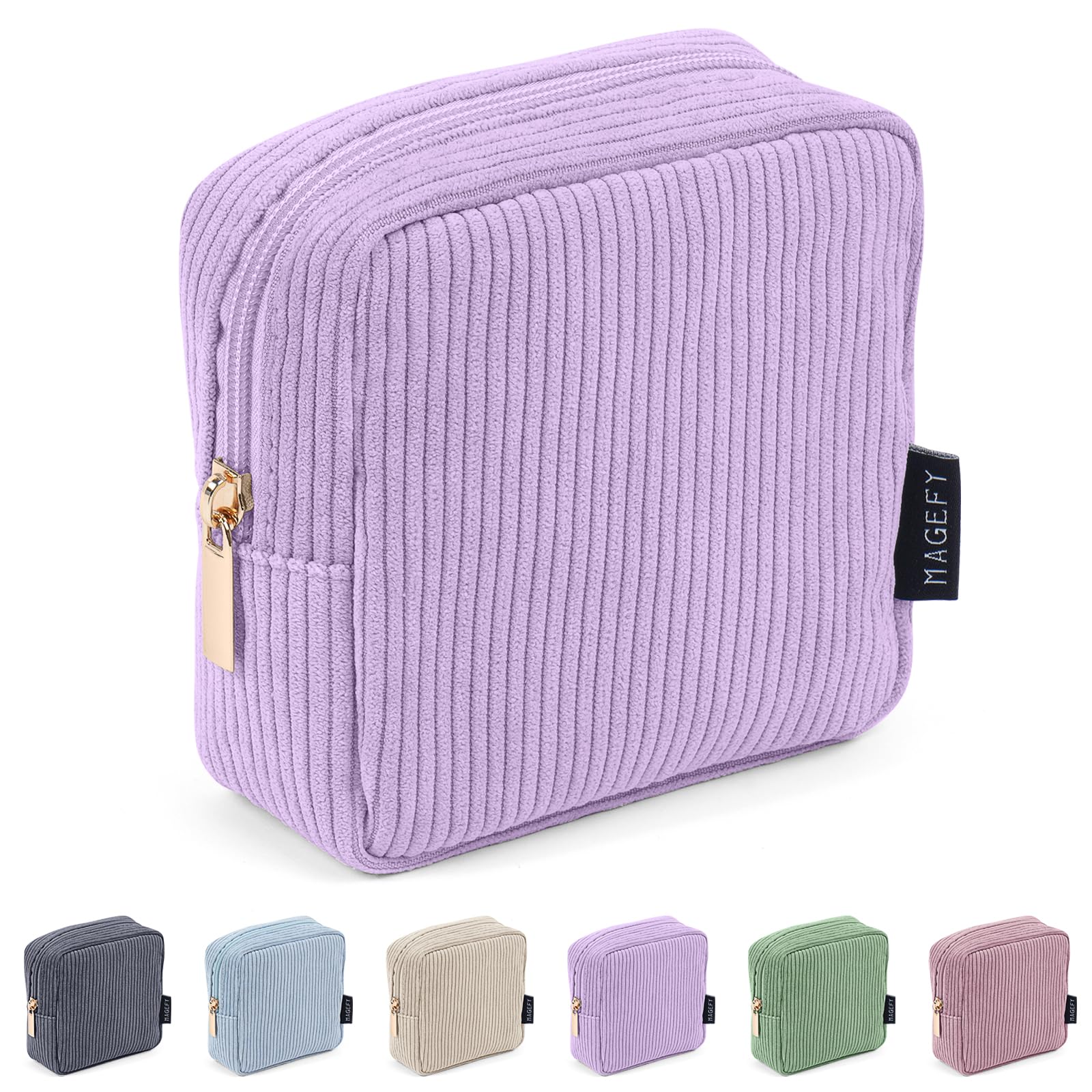 MAGEFY Small Make Up Bag for Women Corduroy Cosmetic Bag with Compartments Mini Pouch Purse with Zipper (Purple) — image 1