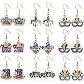 9 Pairs Mardi Gras Earrings for Women Carnival Crown Hat Fleur De Lis Mask Drop Dangle Earrings Glitter Purple Green Gold Earrings Holiday Celebration Parade Party Jewelry Gift