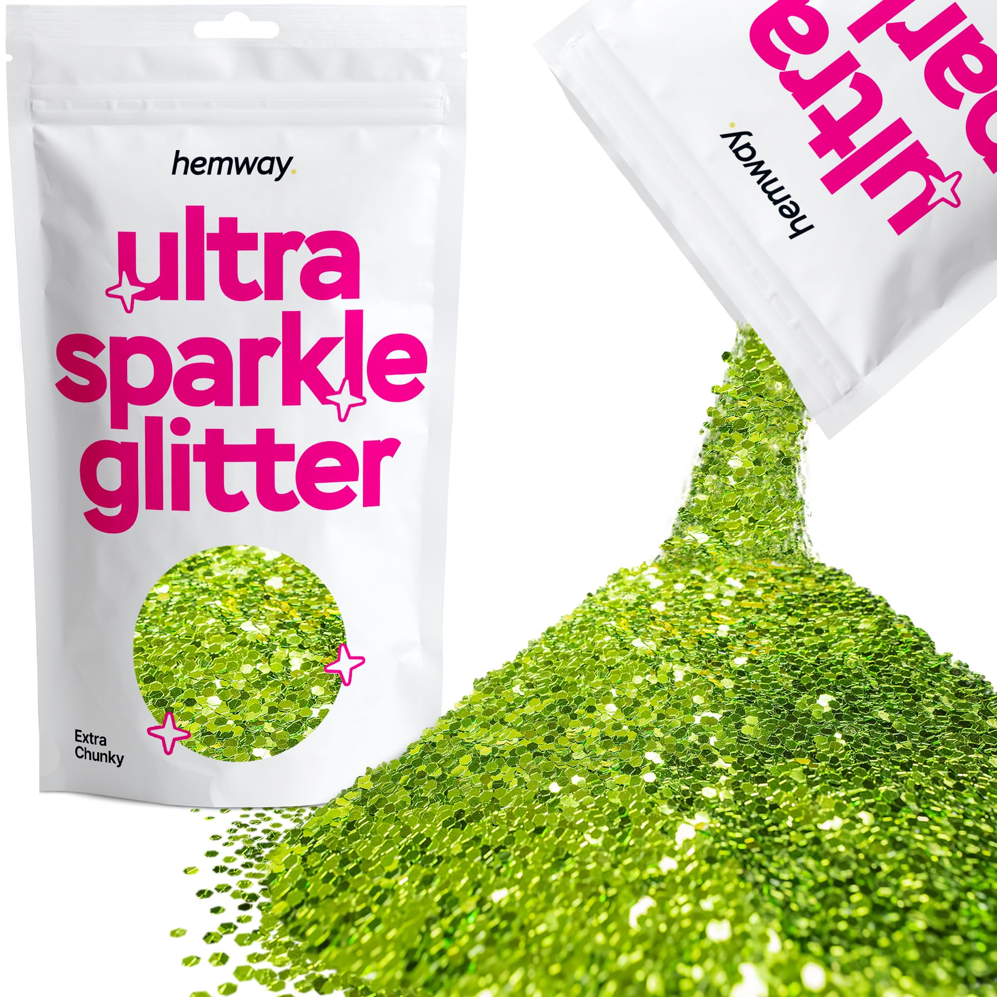 Hemway Ultra Sparkle Glitter Lime Green 100g Extra Chunky | Glitter for Arts & Craft, Makeup, Nail Art, Crafting, Card Making, Sparkle Decoration