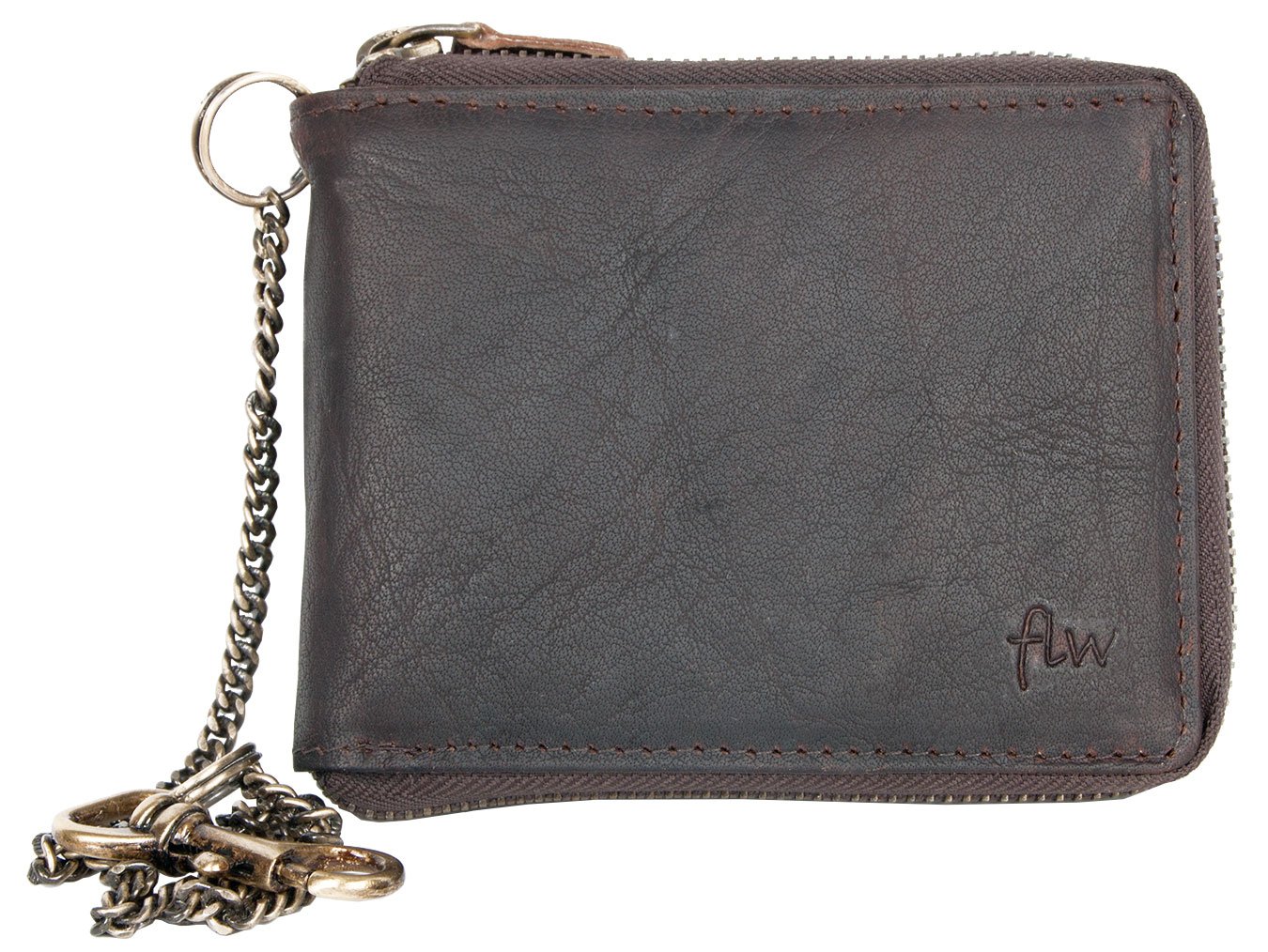 FLW Biker's Wallet Made of Oiled Genuine Leather with Metal Zipper Around and Chain