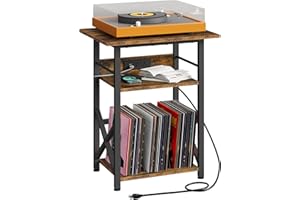 CHOEZON Record Player Stand with Power Outlet, Vinyl Record Storage Side Table, 19" Large Tabletop, Charging Station & Crossed Frame Design for Turntable, Rustic Brown and Black TBZ48UBF