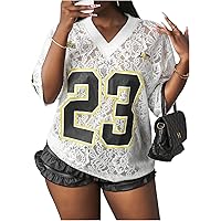 MakeMeChic Lace Jersey Shirts for Women V Neck Letter Graphic Tee