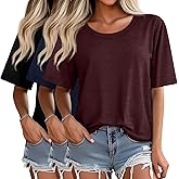 Ficerd 3 Pack Women's Oversized Half Sleeve T Shirt Crew Neck Elbow Length Tops Loose Fit Casual Summer Basic Tees