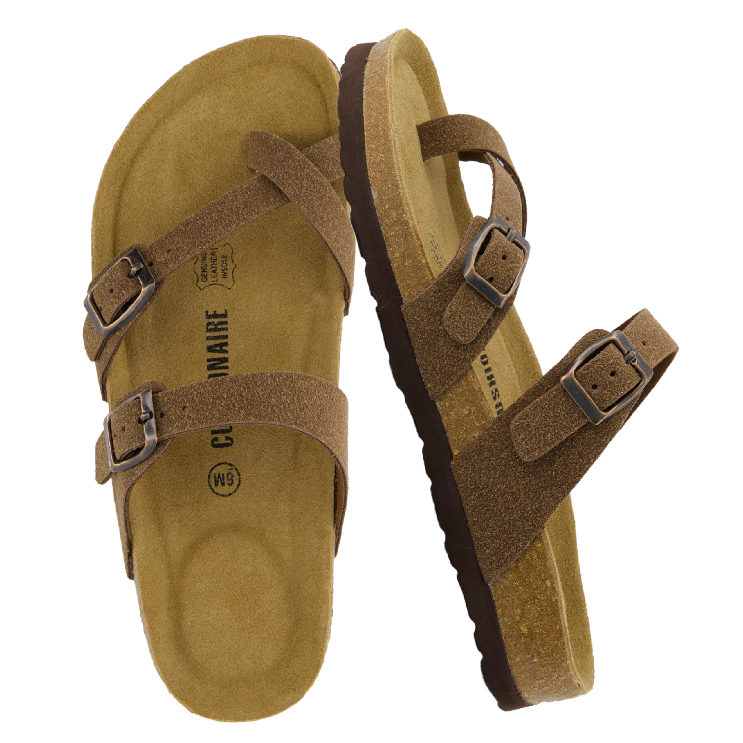 Photo 1 of CUSHIONAIRE Luna Crossover Toe Strap Womens Sandals – Cork Footbed Slides with Adjustable Straps, Summer Sandals for Women 2025, BROWN 8W