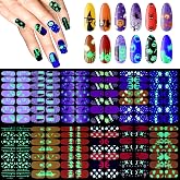 Maitys 168 Pcs Halloween Nail Wrap Stickers, Nail Polish Strips, Luminous | 12 Sheets Goth Nail Stickers, Halloween Nail Decals, Skull Design, Women DIY Decoration, Halloween Party Decor, No UV Light