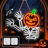 Waving Pumpkin Skeleton Neon Sign, Flashing Halloween Neon Sign, Dimmable Skull Led Light for Wall Decor, Halloween Decorations for Home, Party, Bar, Window