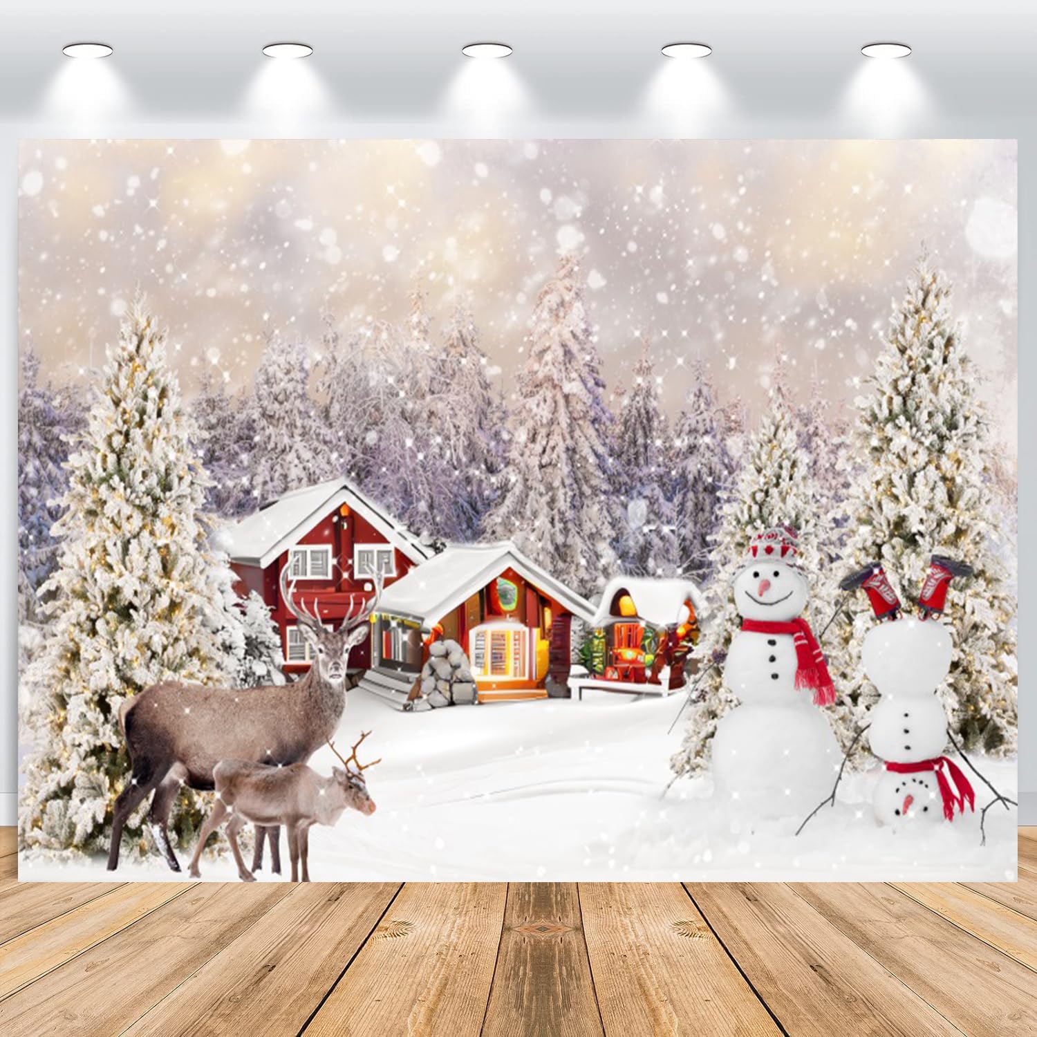 ASDCXZ Christmas Backdrop 2.2x1.5m, Romantic Snow Scene Snowman House Christmas Tree Elk Deer Photo Backdrop, Vinyl Family Celebration Party Ornaments Photography Backdrop Banner