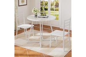 VECELO Small Round Dining Table Set for 2, Wood Tabletop with Strong Metal Frame, Modern Dinette with Chairs for Kitchen, Breakfast Nook Living Room, Faux Marbled & White