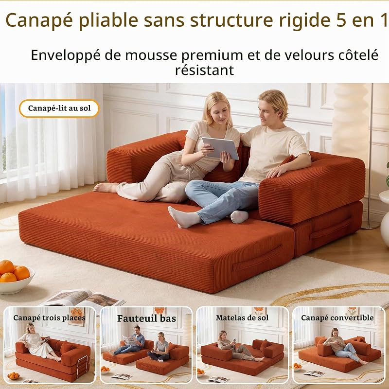 5 en 1 Versatile Canapé Compressé, Fabriqué en Velours Côtelé de Haute Qualité avec Forme de Mémoire Haute Densité, 160cm Canapé Convertible 2 Places pour Appartement, Orange