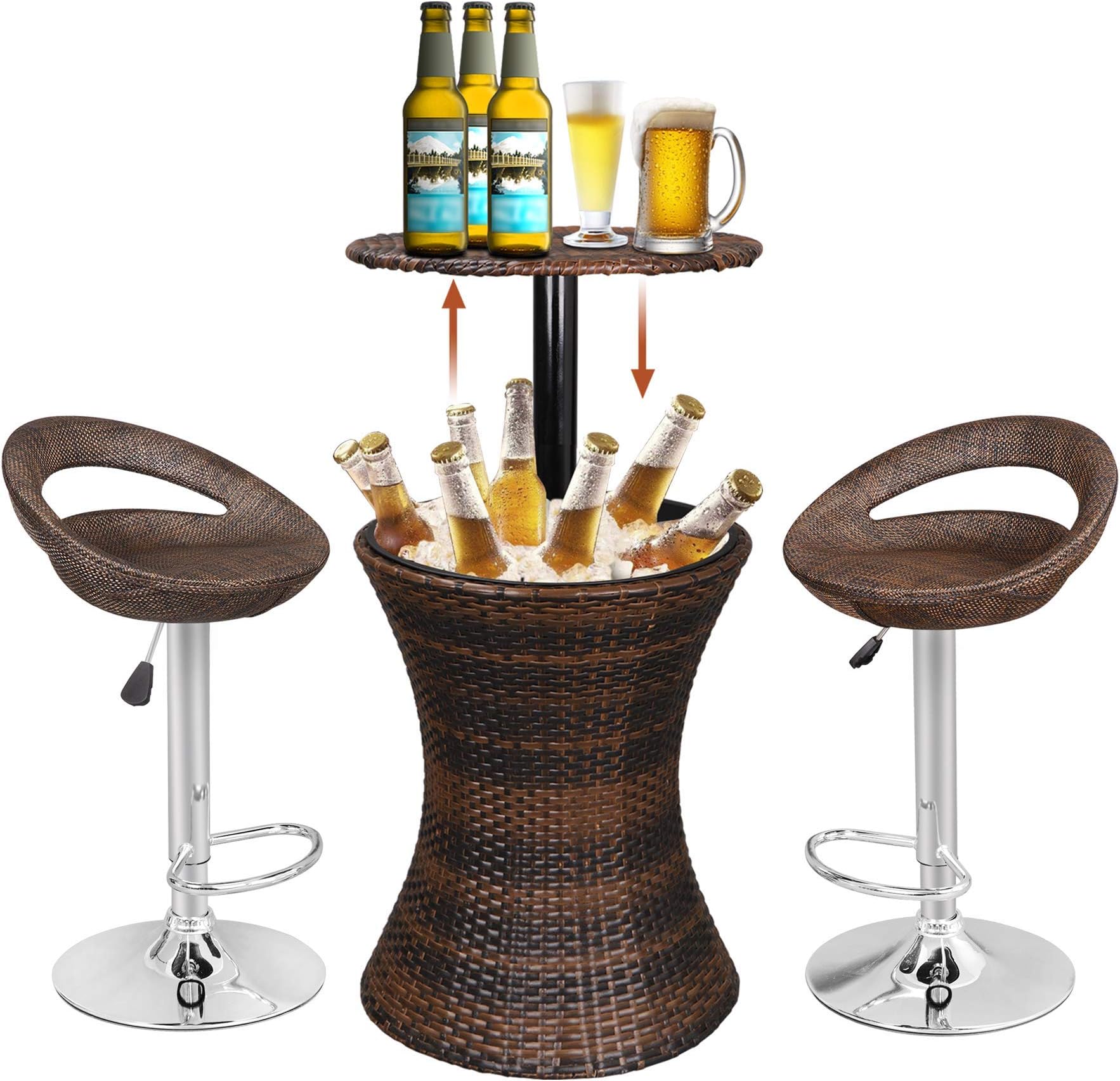 Super Deal 3in1 Outdoor Rattan Wicker Bar Table Included Cooler + 2 Hydraulic Pub Barstool All in One, Rattan Style Adjustable Height Patio Party Deck Pool Use, Brown (Combo Set)