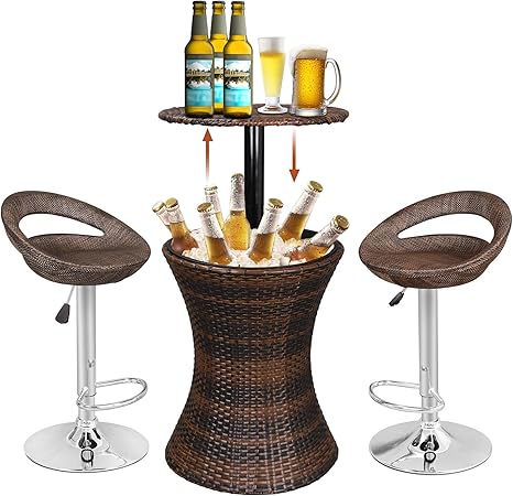 Amazon Com Super Deal 3in1 Outdoor Rattan Wicker Bar Table Included Cooler 2 Hydraulic Pub Barstool All In One Rattan Style Adjustable Height Patio Party Deck Pool Use Brown Combo Set Garden
