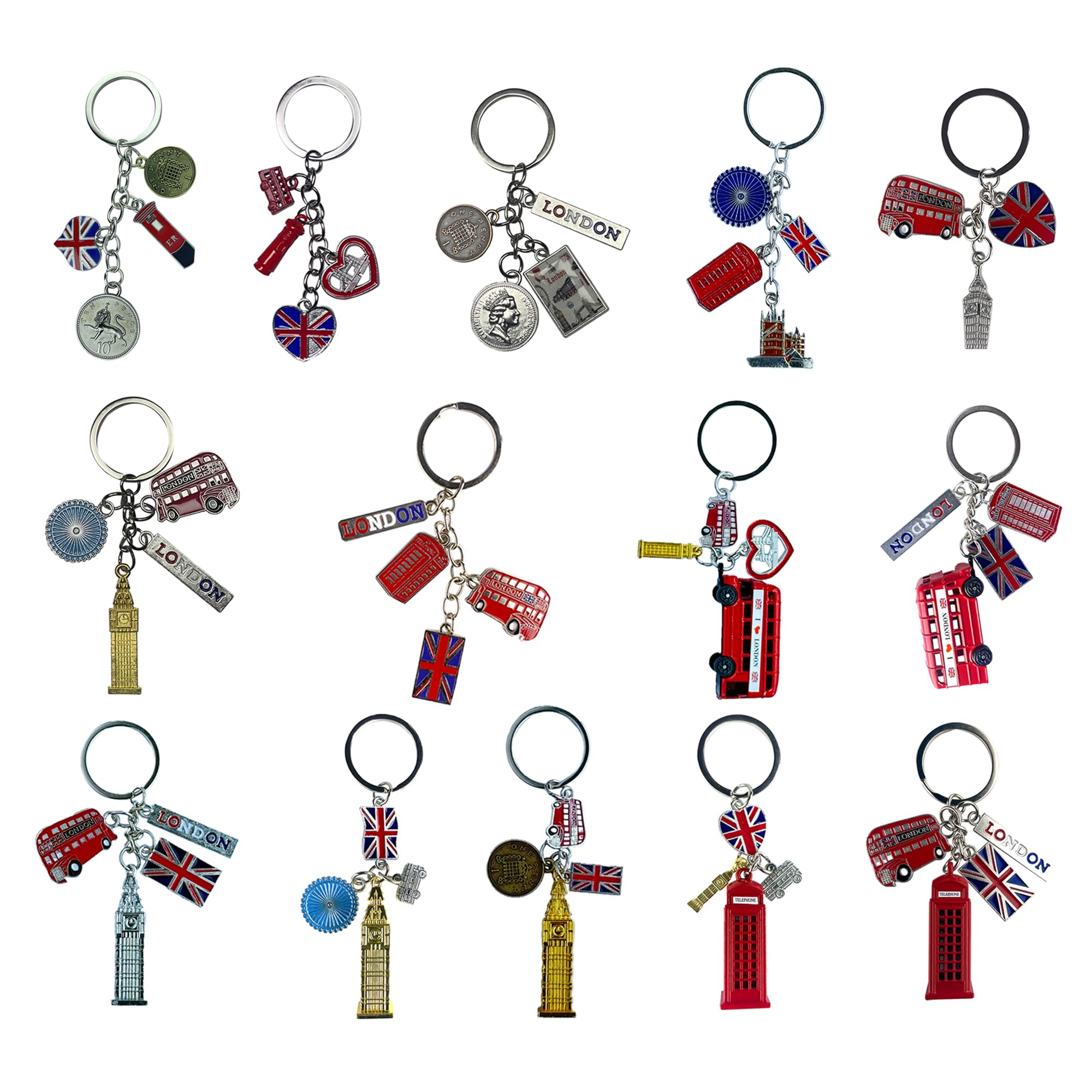 LILAJ Set of 12 London Souvenir Chain Keychains, British Icons - Telephone Booth, Double-Decker Bus, Big Ben, 3D Replicas, Ideal for Keys & Bags, Cute Keyring Ornament, Home Decor Gift