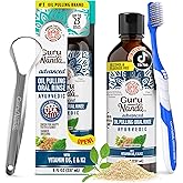 GuruNanda Advanced Oil Pulling Mouthwash for Enhanced Oral Care with Sesame & Oregano Oil, Promotes Deep Cleaning for Healthy Teeth & Gums, with Toothbrush and Tongue Scraper, Alcohol-Free, 8 Oz