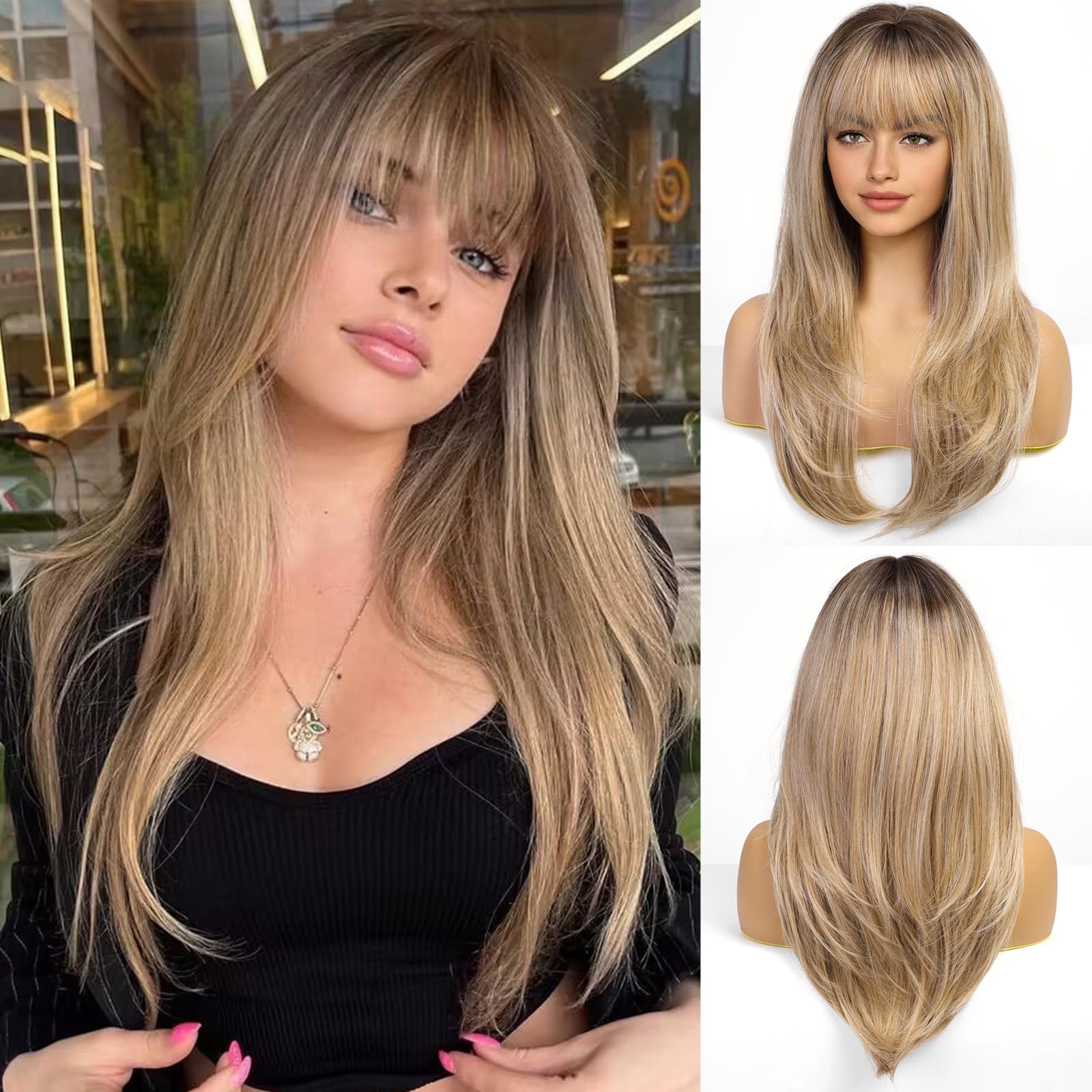 EMMOR Long Ash Blonde Wigs for Women Straight Synthetic Layered Wig with Fringe and Dark Roots(26" Ash Blonde) โ image 1