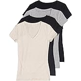 4 Pack Zenana Women's Basic V-Neck T-Shirts Small Black, Black, H Beige, H Gray