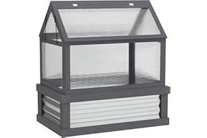 Outsunny Raised Garden Bed with Polycarbonate Greenhouse, Wooden Cold Frame Greenhouse, Garden Flower Planter Protection, Peak Roof, 35.5" x 22.5" x 38.25", Gray