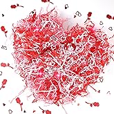 Supervitae 1 lb Valentine's Day Crinkle Cut Paper Shred Filler with Rose and Heart Confetti Shred Paper Basket Filler Red White Pink Raffia Tissue Grass for Gift Boxes Basket Holiday Packaging