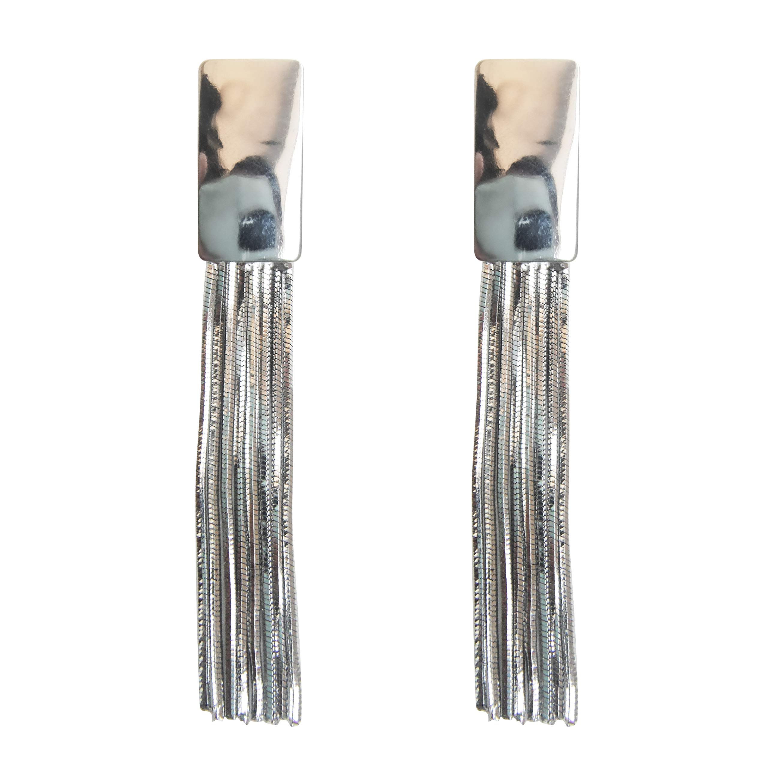 Hiqmic 925 Sterling Silver Post Fashion Square Tassel Chain Dangle Earrings White Gold Plated Jewelry_WA90028