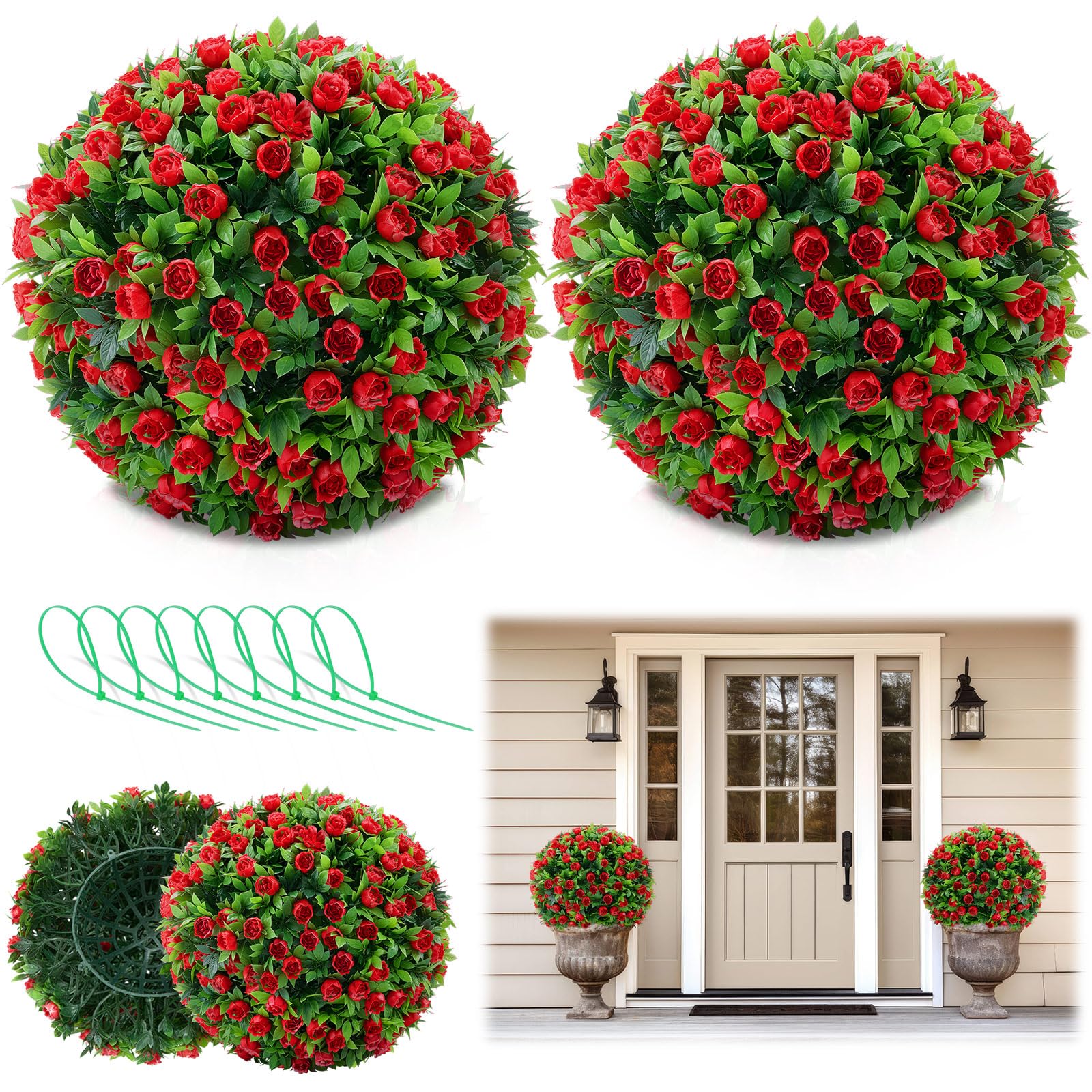 Photo 1 of 2 Pcs 12 Inch 4 Layers Artificial Topiary Ball with Red Flowers Artificial Boxwood Rose Decorative Balls UV Protected Topiaries Spheres for Backyard Balcony Garden Porch Patio Wedding Home Decor