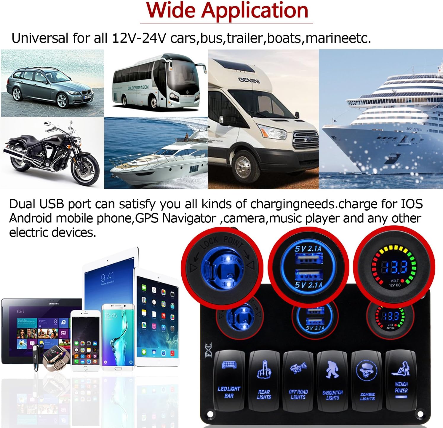 FXC Boat Rocker Switch Panel Voltmeter 12V Cigarette Socket Double USB Power Charger Adapter Flush Mount Waterproof 6 Gang Switches Panel Black for RV Car Marine¡­ : Sports & Outdoors