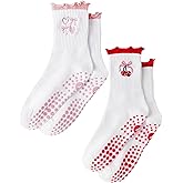 Yawlsow Cute Pilates Grip Socks for Women Ruffle Frilly Yoga Socks Non Slip Cotton Crew Grippy Sock for Barre Workout