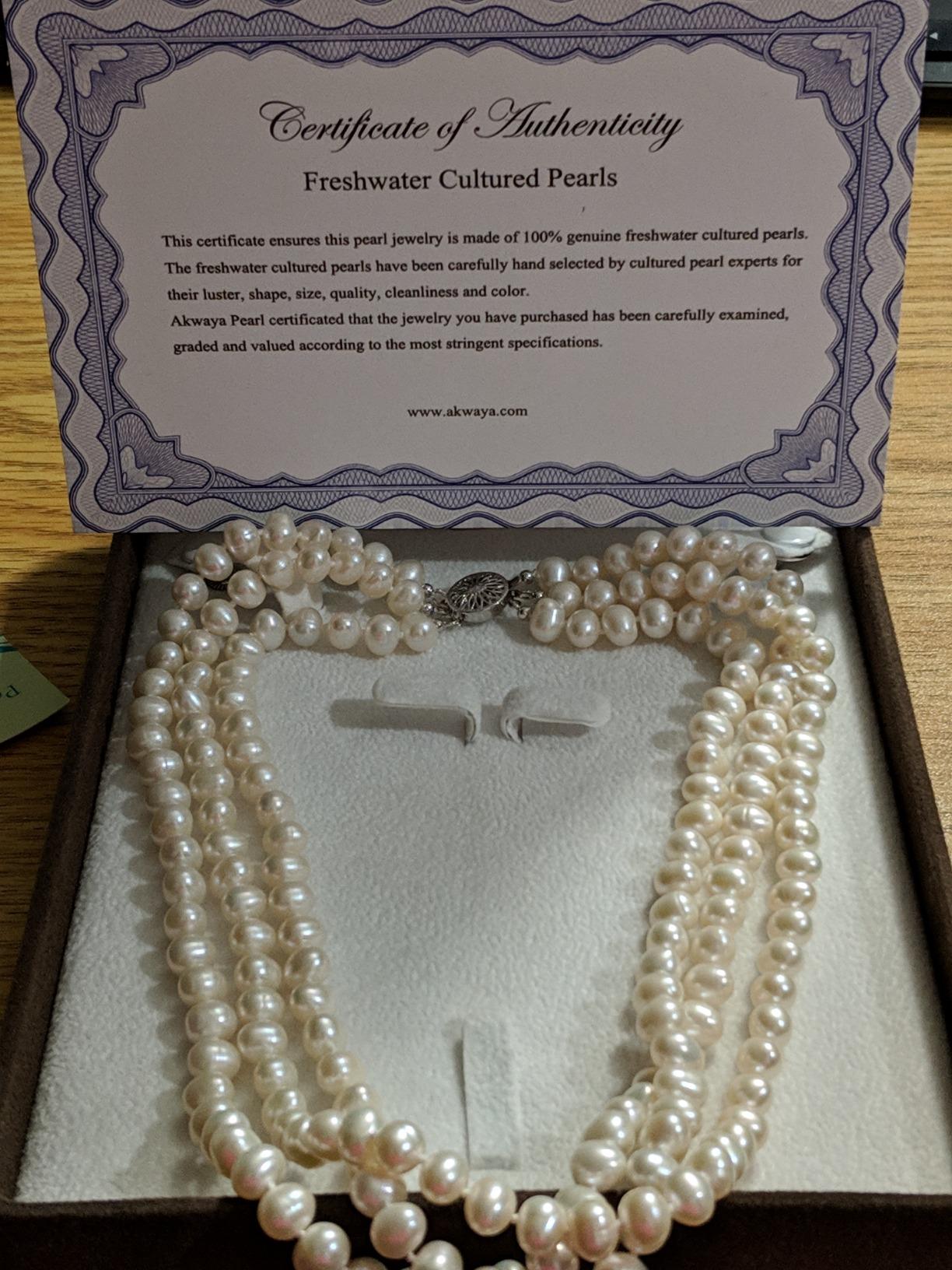 Customer review image for 3-row White A Grade Freshwater Cultured Pearl Necklace (7.5-8.0 mm), 16.5", 17"/18"