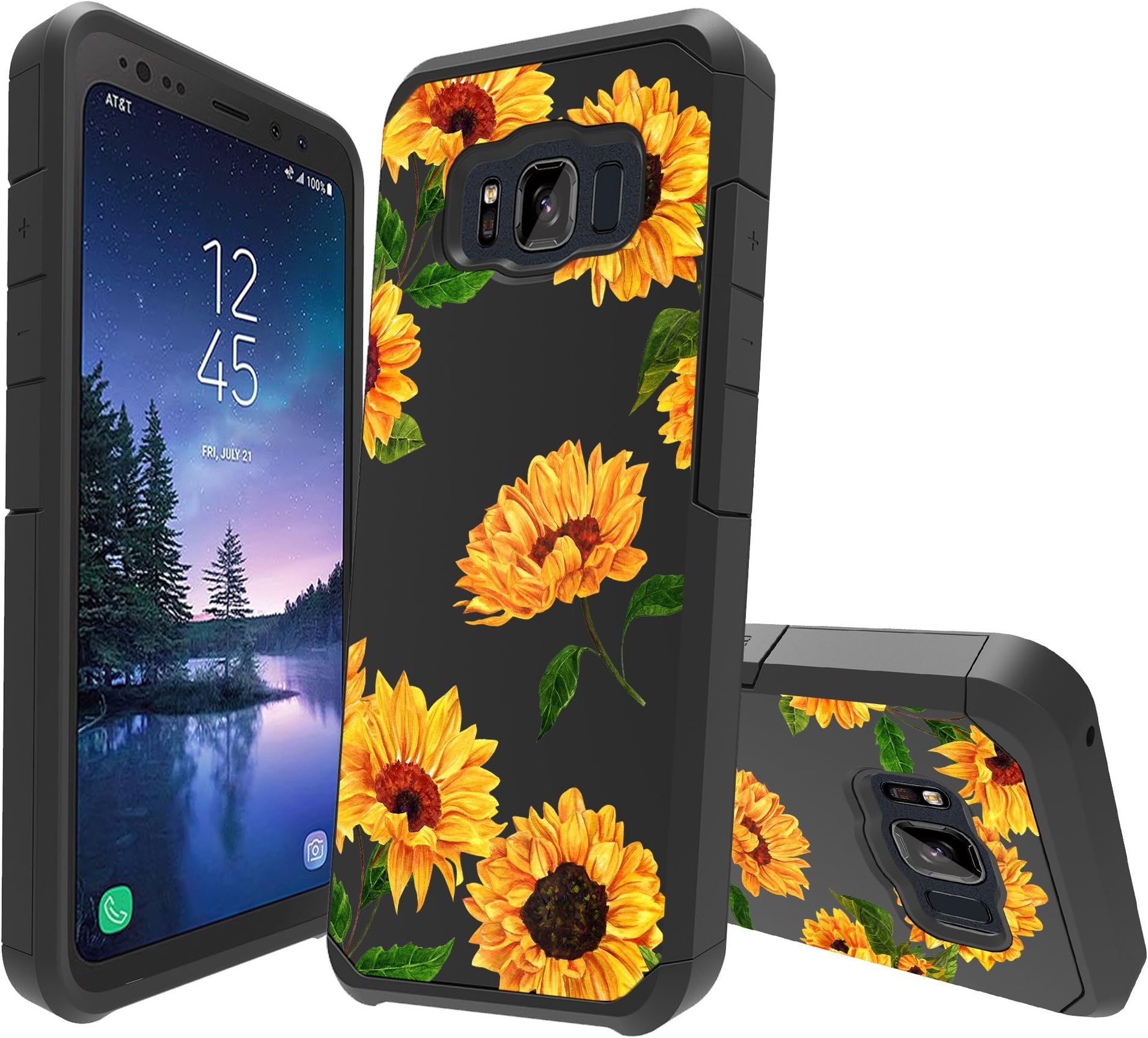 MINITURTLE Compatible with Samsung Galaxy S8 Active [Floral Print Series][Cute Hybrid Case for Girls][Floral Print][2-Part Silicone & Shell Case] - Sunflowers