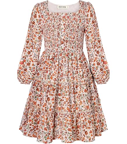 girls fall floral thanksgiving dress GRACE KARIN Smocked Waist Midi Apricot Print 5-6 Color:697 PIROUETTE Luxury Elegant Black Midi perfect for both spooky habesha clothing