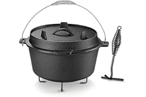 Velaze 10QT Camping Dutch Oven, Pre-Seasoned Cast Iron Camp Dutch Oven Pot with Lid, for Use in the Oven, on the Stove, Grill