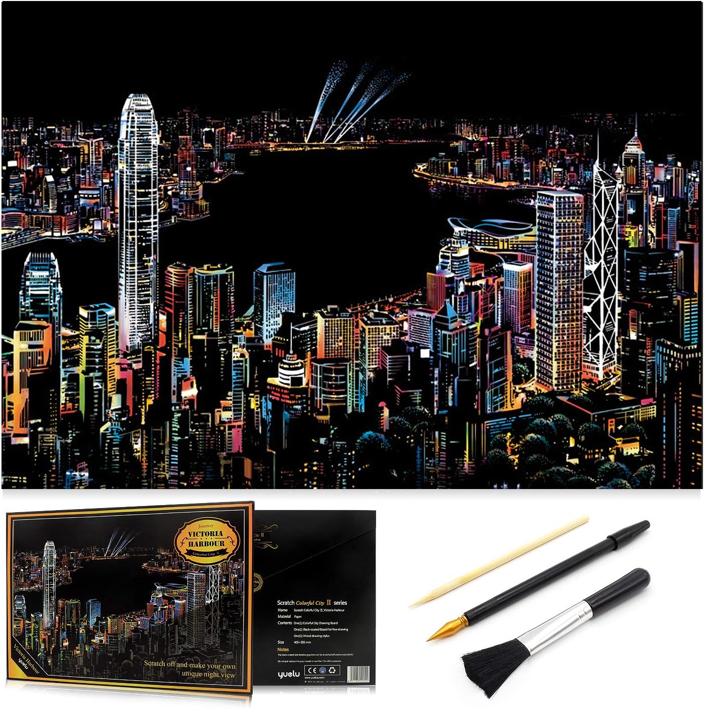 Scratch Art Rainbow Painting Paper, Sketch Pad DIY Night View Scratchboard for Kids & Adults, Engraving Art & Craft Set, Scratch Painting Creative Gift, 16'' x 11.2'' with 3 Tools (Victoria Harbour)