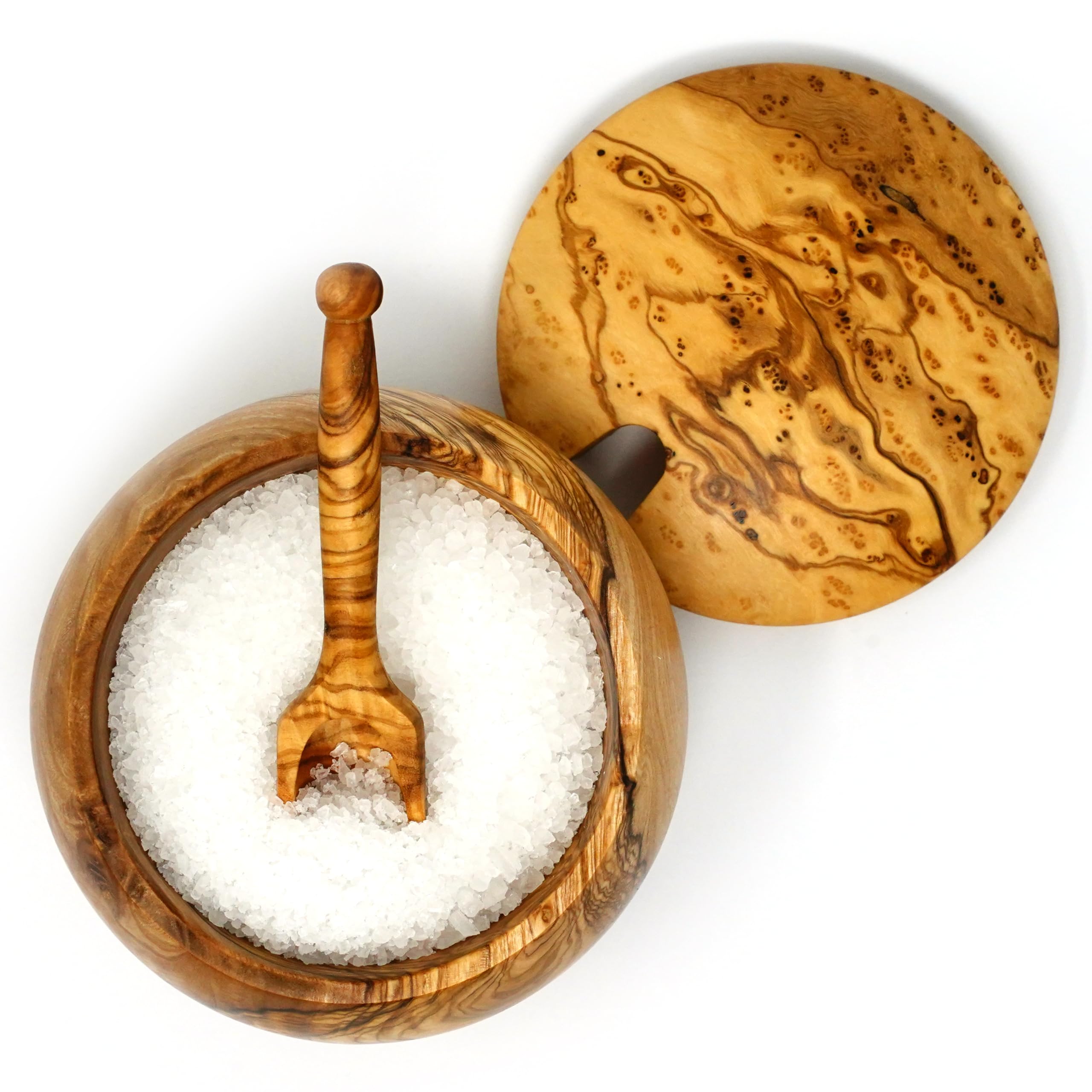 Ezo.Home Olive Wood Salt Cellar with Spoon and Lid Handmade Elegant Salt Pig 10cm with 100ml Capacity, Natural Design