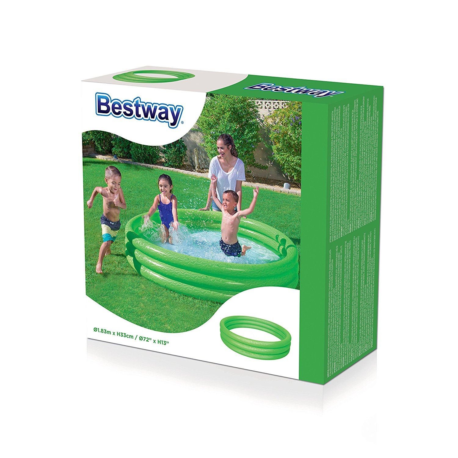 BESTWAY INFLATABLE 3 RING TOY CRYSTAL PADDLING SWIMMING POOL GARDEN PLAY 72"x13" (GREEN #51027)