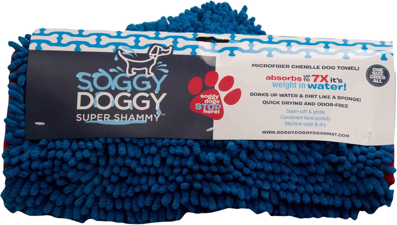 Soggy doggy Super Shammy Blue One Size 31-inch x 14-inch Microfiber Chenille Dog Towel with Hand Pockets, One size 31"lx14"w