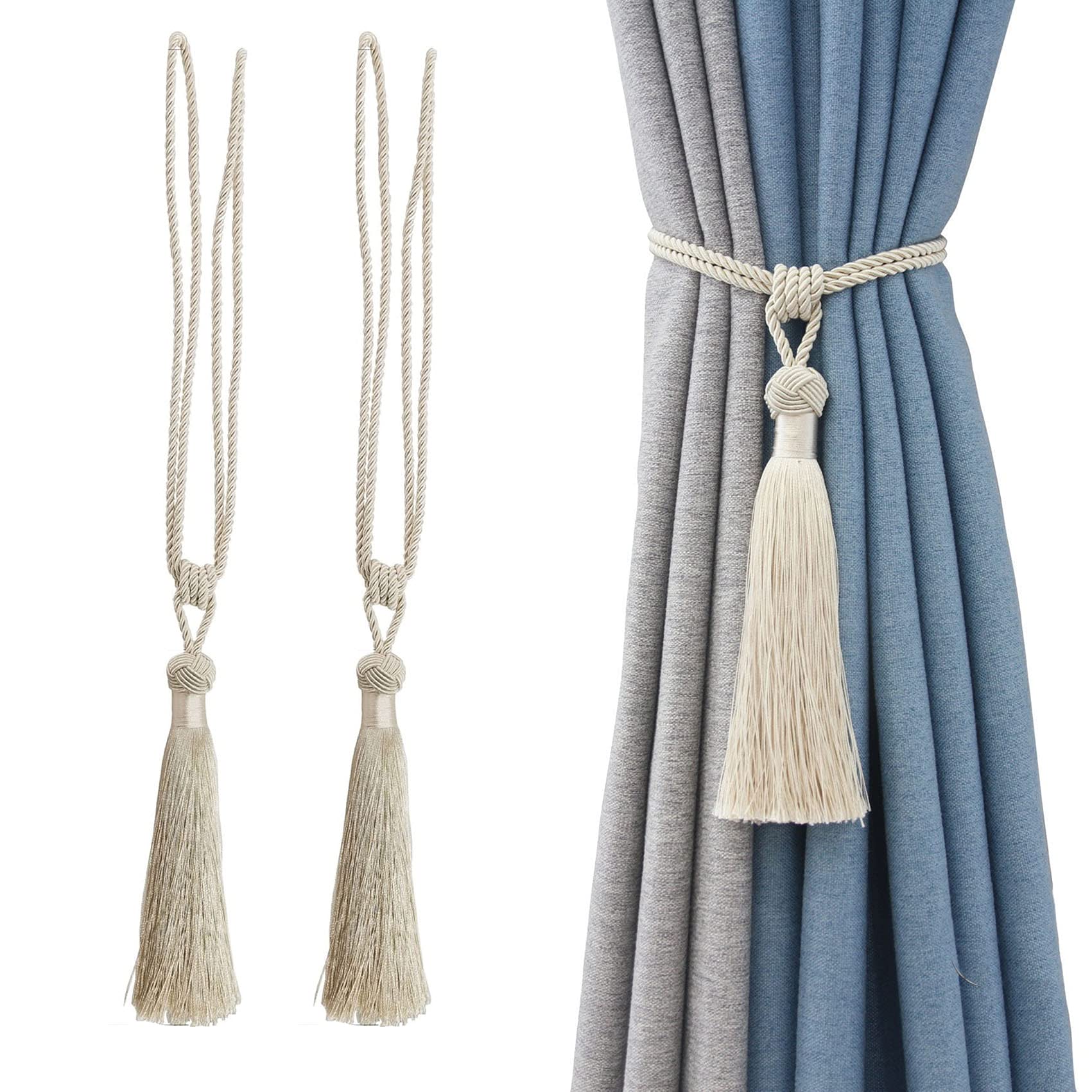 Curtain Tiebacks Handmade Rope Tassel Tie Backs Holdbacks Curtains Liner Ties for Office Home Decorative Drapery Set of 2 Beige