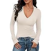 Prettywear Sexy Deep V Neck Long Sleeve Shirts for Women Ribbed Going Out Tops Fitted Casual Basic 2026 Spring Summer Clothes