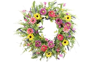 JINGHONG Artificial Summer Wreath 24 Inch Spring Wreaths for Front Door Daisy and Lavender Wreath with Berries Green Leaves for Outside Door Indoor Spring/Summer Holidays