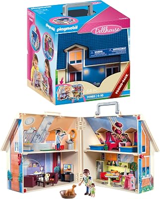 70985 Maison transportable - Dollhouse - avec Trois Personnages, Salle de Bains, Chambre, Salon et Cuisine - Tout équipée - La Maison Traditionnelle - s'ouvre s'emporte Partout - Dès 5 Ans