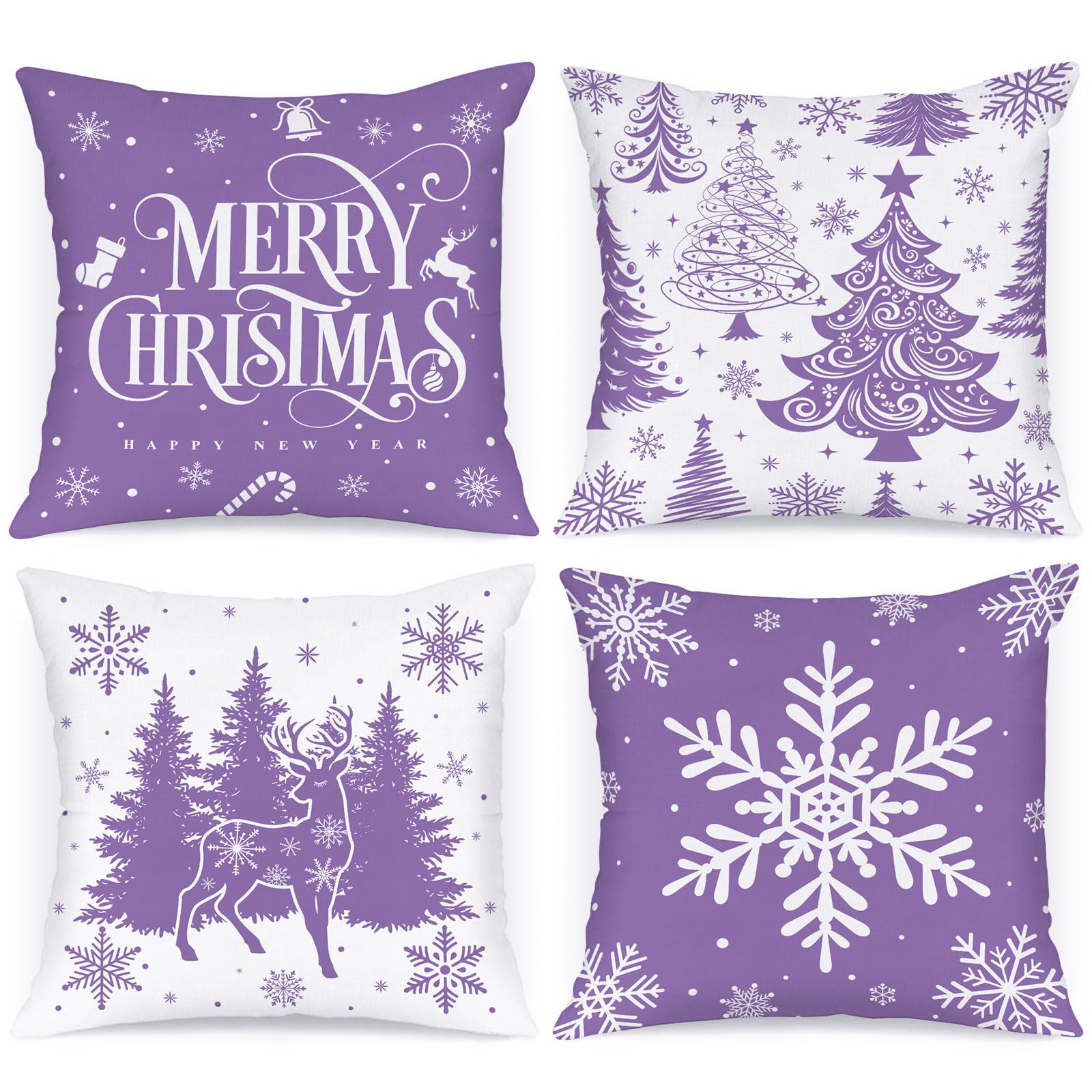 Lanpn 45x45 cm Purple Christmas Pillow Covers Set of 4, Lilac Decorative Pillowcase, Winter Pillow Case Decorations, 18x18 Tree & Snow Cushion for Indoor Home Bedroom Sofa Xmas Couch Decor