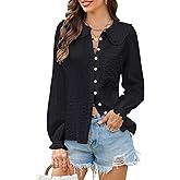 ECOWISH Women's Long Sleeve Shirts - Peter Pan Collar Button Down Blouse Dressy Casual Puff Cotton Elegant Fall Tops