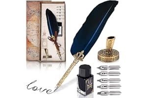 KOTKO Vintage Feather Quill Pen and Ink Set - Blue Feather Pen and Ink Set, Writing and Drawing Tools with Stainless Steel Nib - Elegant Vintage Style Calligraphy Kit for Creative Hand Lettering