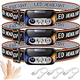 Vecoter Headlamp 3 Pack, Motion Sensor LED Headlights, Super Bright Head Lamp with 3 Lighting Modes,USB Rechargeable,IPX4 Wat