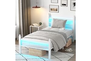 CollaredEagle Twin Bed Frame with Headboard and Footboard, Metal Bed Frame with Charging Station and LED Lights, Under Bed Storage, No Box Spring Needed,Noise Free,White
