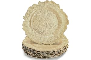 WUWEOT 12 Pack Gold Charger Plates, 12.7" Round Plastic Reef Plate Chargers with Flora Reef Design for Wedding Dinner Party D