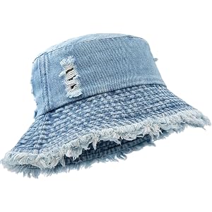 YeeHeen Denim Distressed Bucket Hats Trendy Washed Ripped Sun Cap Beach Fisherman Hat for Women