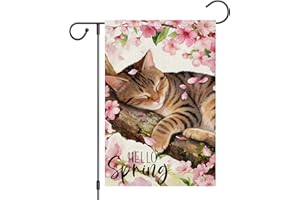 Heyfibro Hello Spring Tabby Cat Garden Flag 12x18 Double Sided Burlap, Watercolor Cherry Blossom Flower Yard Banner for Rusti