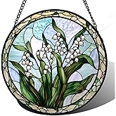 AMDERVEN Stained Glass Window Hanging, White Green Lily of The Walley Flowers Sun Catcher for Door Home Decor Plants Suncatcher Christmas Mother's Day Birthday Gifts for Women Men Mom Nana 9.8 in
